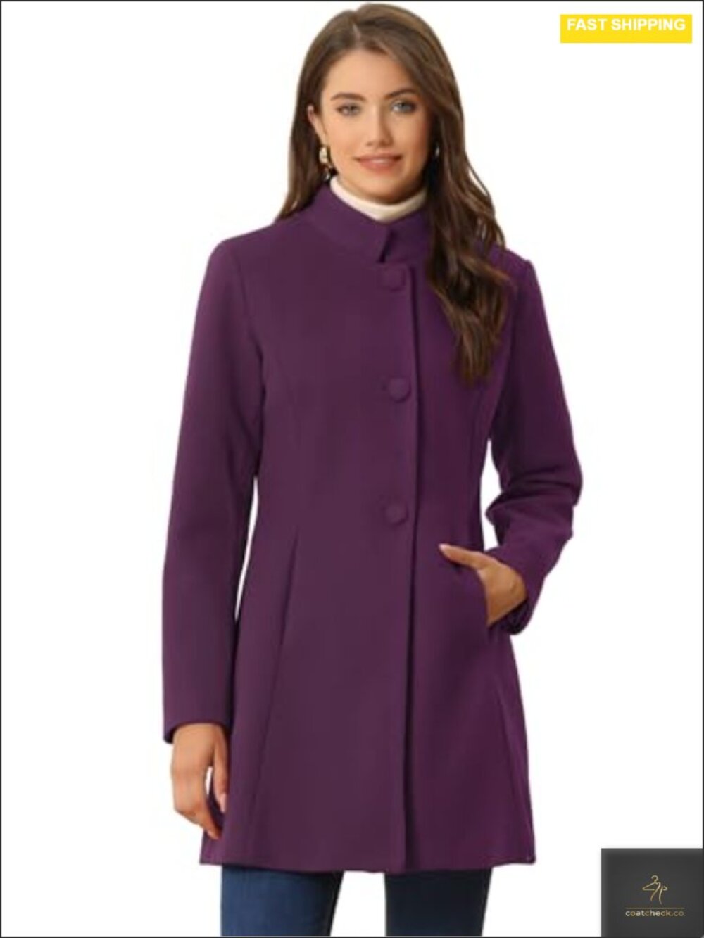 Allegra K Women Winter Overcoat Mid-Long Stand Collar Single Breasted Coat